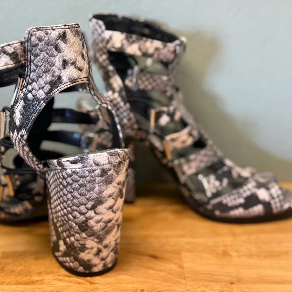 Gianni Bini Black & White Snake-Print Strappy Block Heels